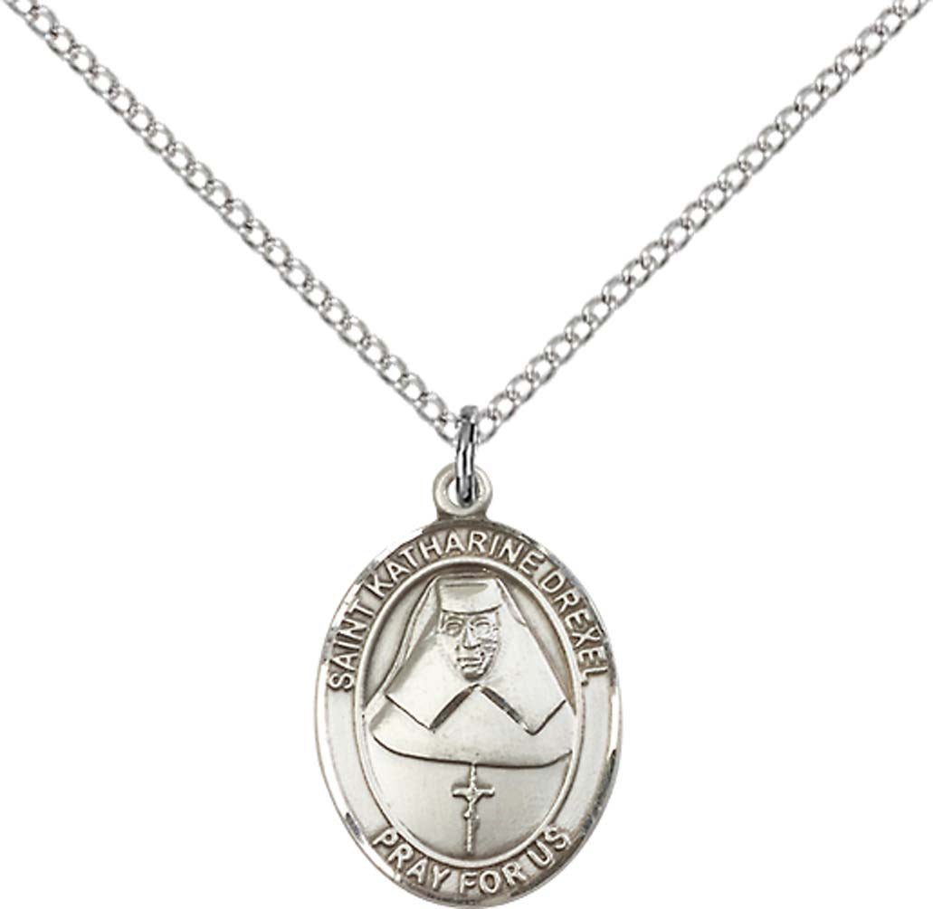 Pewter Saint Katharine Drexel Pendant on an 18-inch Light Rhodium Light Curb Chain