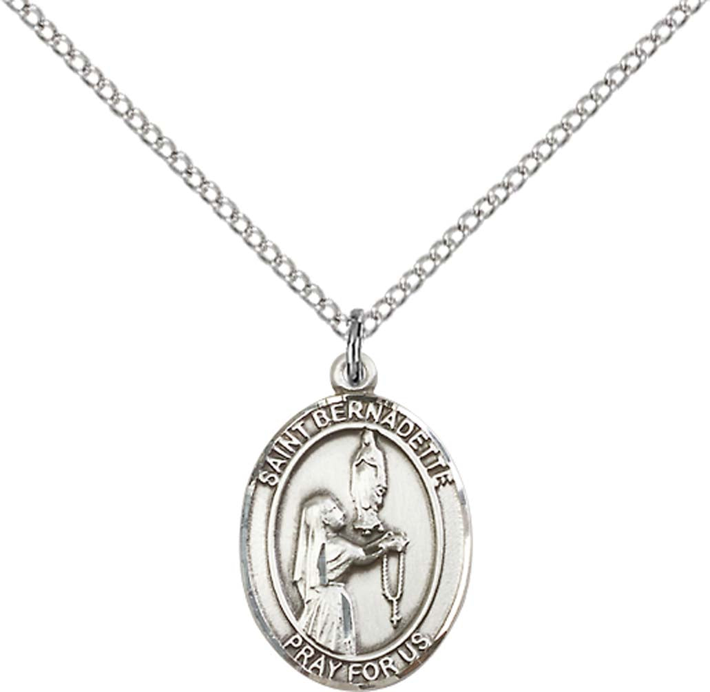 Pewter Saint Bernadette Pendant on an 18-inch Light Rhodium Light Curb Chain