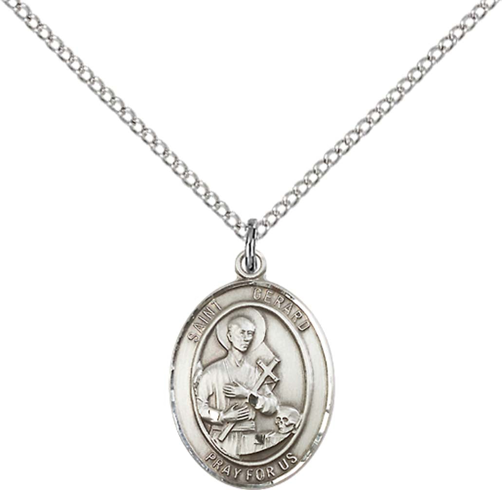 Pewter Saint Gerard Majella Pendant on an 18-inch Light Rhodium Light Curb Chain