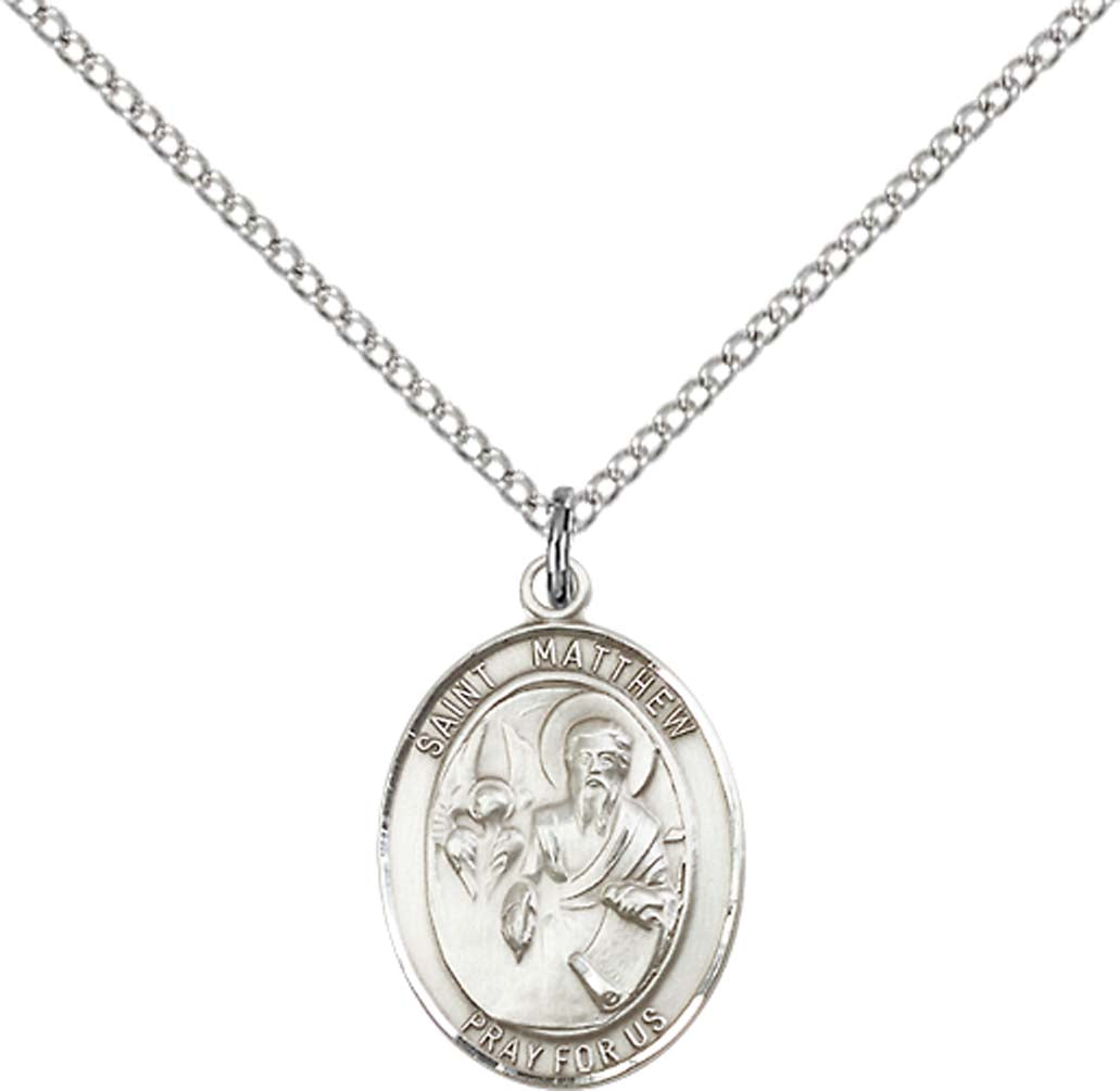 Pewter Saint Matthew the Apostle Pendant on an 18-inch Light Rhodium Light Curb Chain