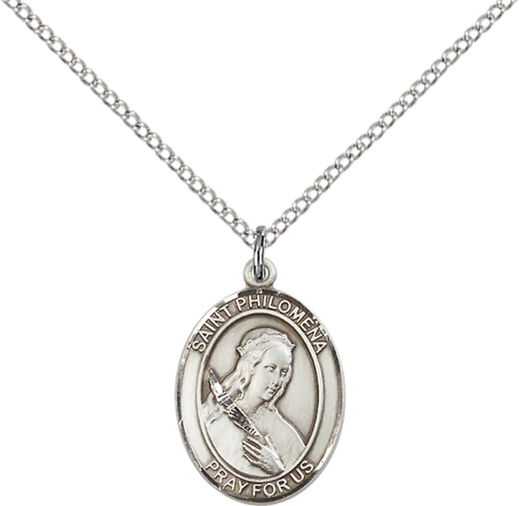 Pewter Saint Philomena Pendant on an 18-inch Light Rhodium Light Curb Chain