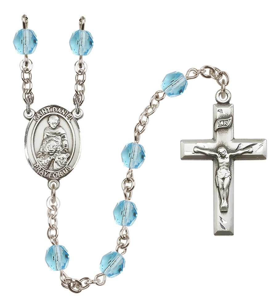 St. Daniel Rosary - 6mm Aqua Fire Polished beads - 8024