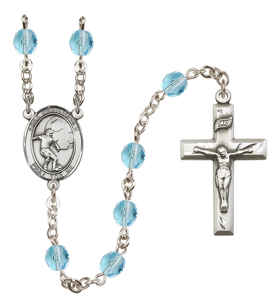 Soccer Rosary - 6mm Aqua Fire Polished beads - 8503