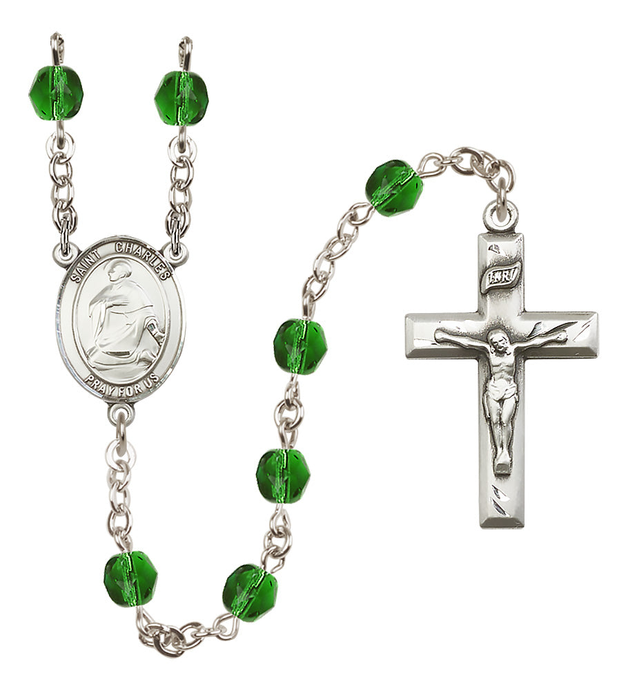 St. Charles Borromeo Rosary - 6mm Emerald Fire Polished beads - 8020