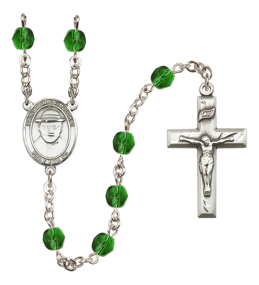 St. Damien of Molokai Rosary - 6mm Emerald Fire Polished beads - 8412