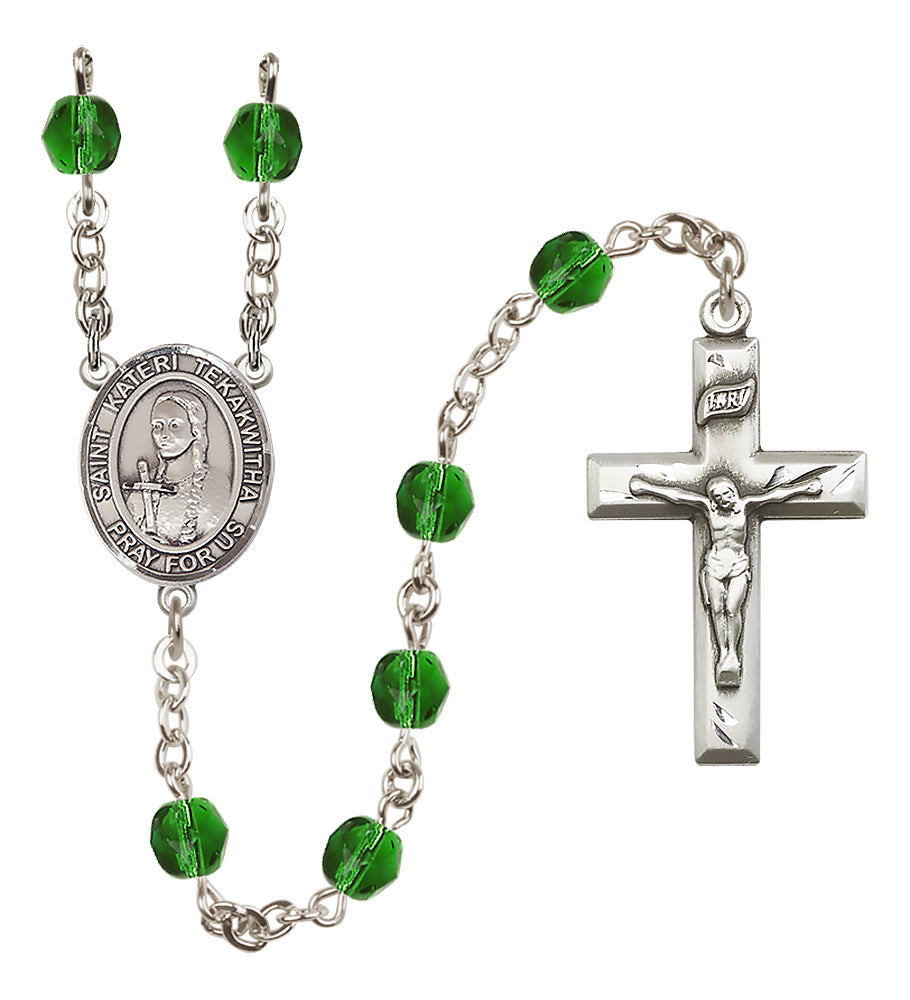 St. Kateri Tekakwitha Rosary - 6mm Emerald Fire Polished beads - 8438