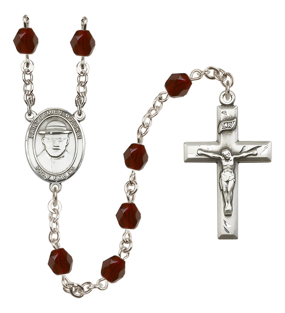 St. Damien of Molokai Rosary - 6mm Garnet Fire Polished beads - 8412