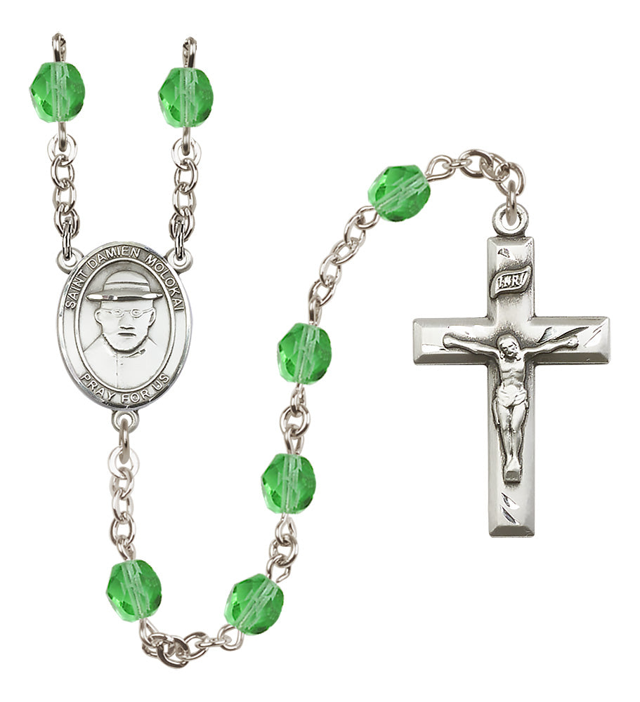 St. Damien of Molokai Rosary - 6mm Peridot Fire Polished beads - 8412