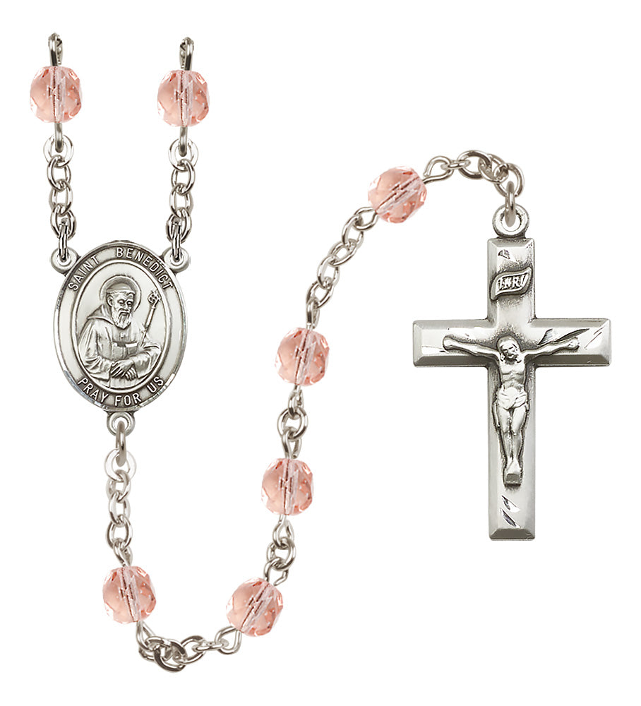 St. Benedict Rosary - 6mm Pink Fire Polished beads - 8008