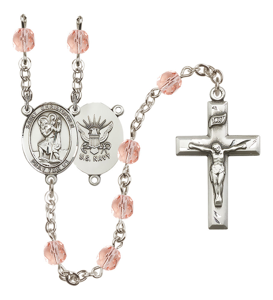 Navy Rosary - 6mm Pink Fire Polished beads - 8022S6