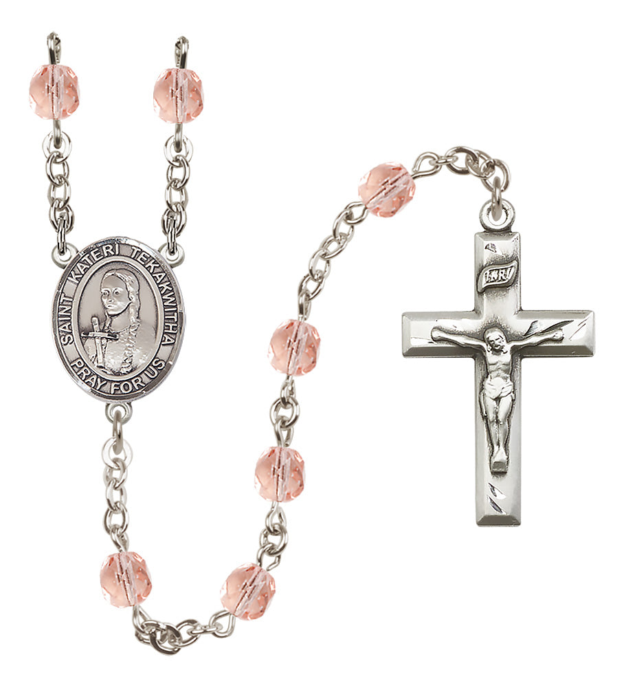 St. Kateri Tekakwitha Rosary - 6mm Pink Fire Polished beads - 8438
