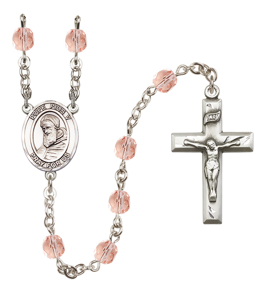 St. Pius X Rosary - 6mm Pink Fire Polished beads - 8452