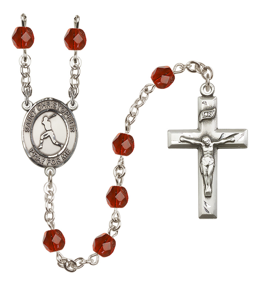 Baseball Rosary - 6mm Ruby Fire Polished beads - 8150