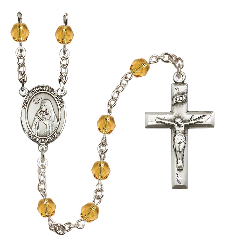 St. Teresa of Avila Rosary - 6mm Topaz Fire Polished beads - 8102