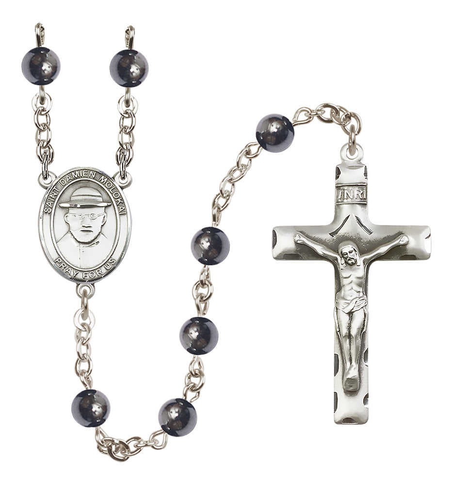 St. Damien of Molokai Rosary - 6mm Hematite beads - 8412