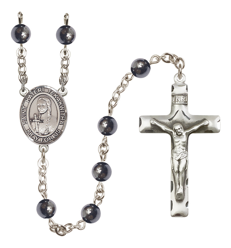 St. Kateri Tekakwitha Rosary - 6mm Hematite beads - 8438