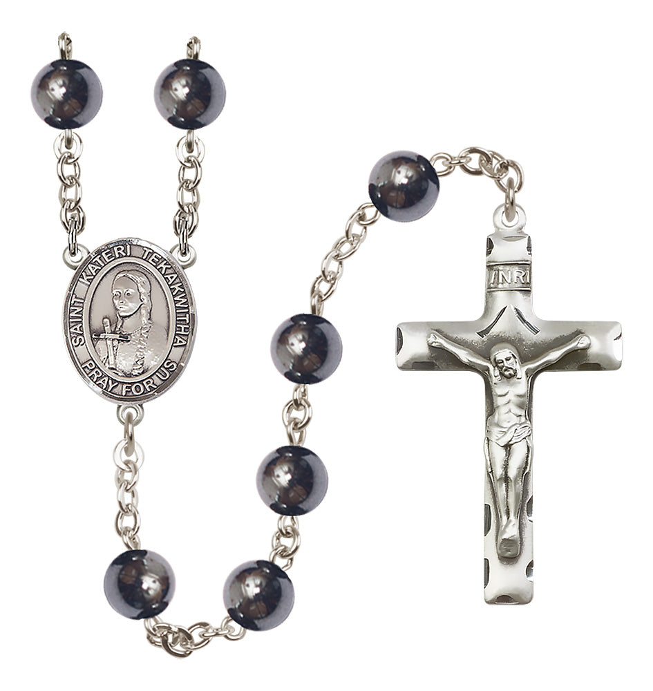 St. Kateri Tekakwitha Rosary - 8mm Hematite beads - 8438