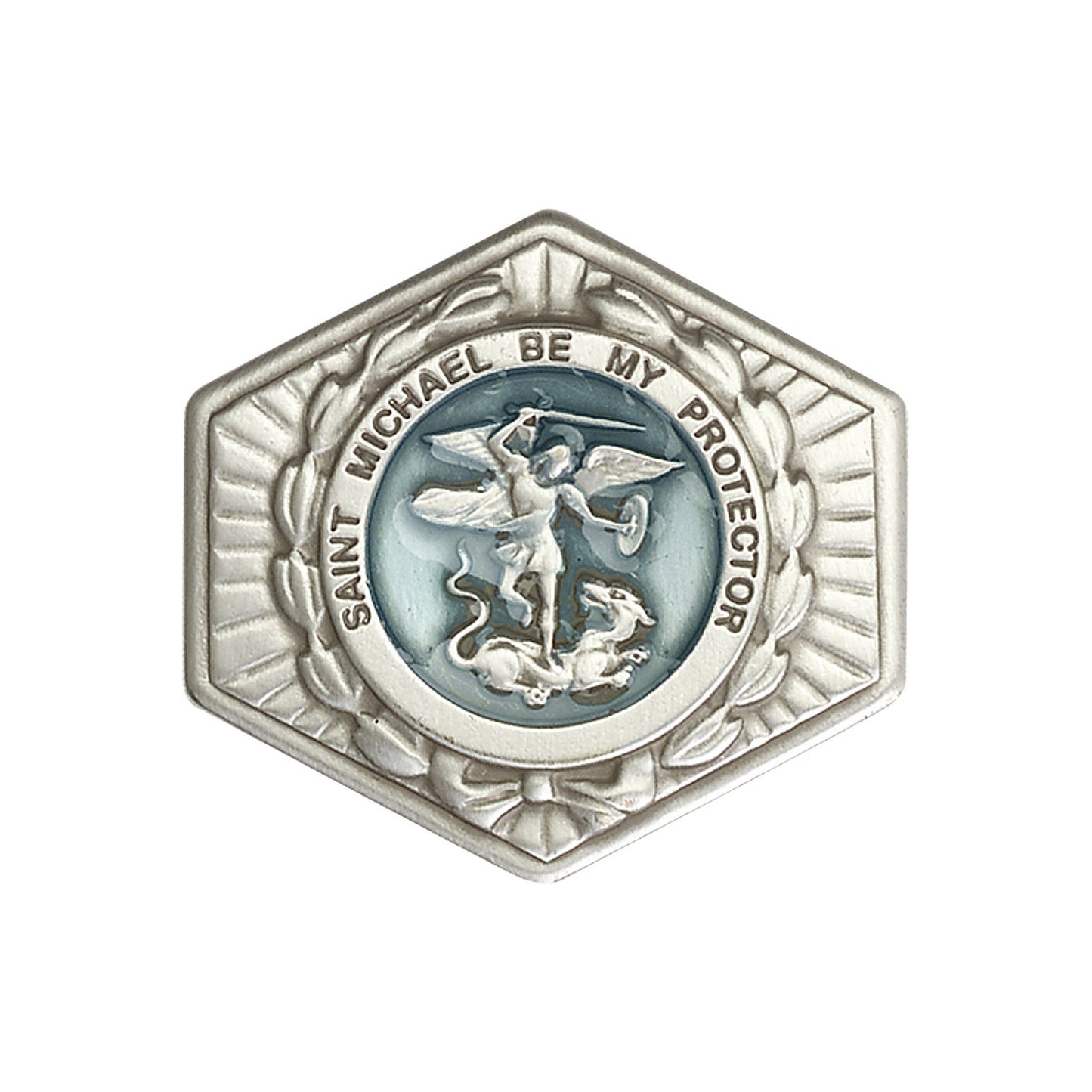 Antique Silver St. Michael the Archangel Visor Clip with Blue Epoxy Fi