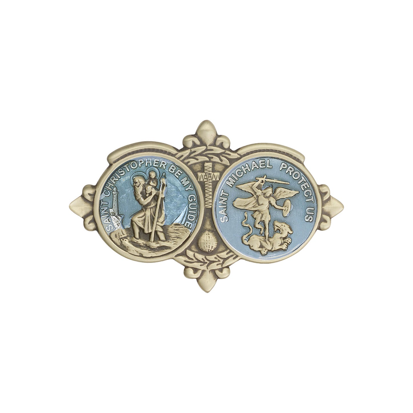 Antique Gold St Christopher / St Michael Visor Clip with Blue Epoxy Finish - 1034EVG