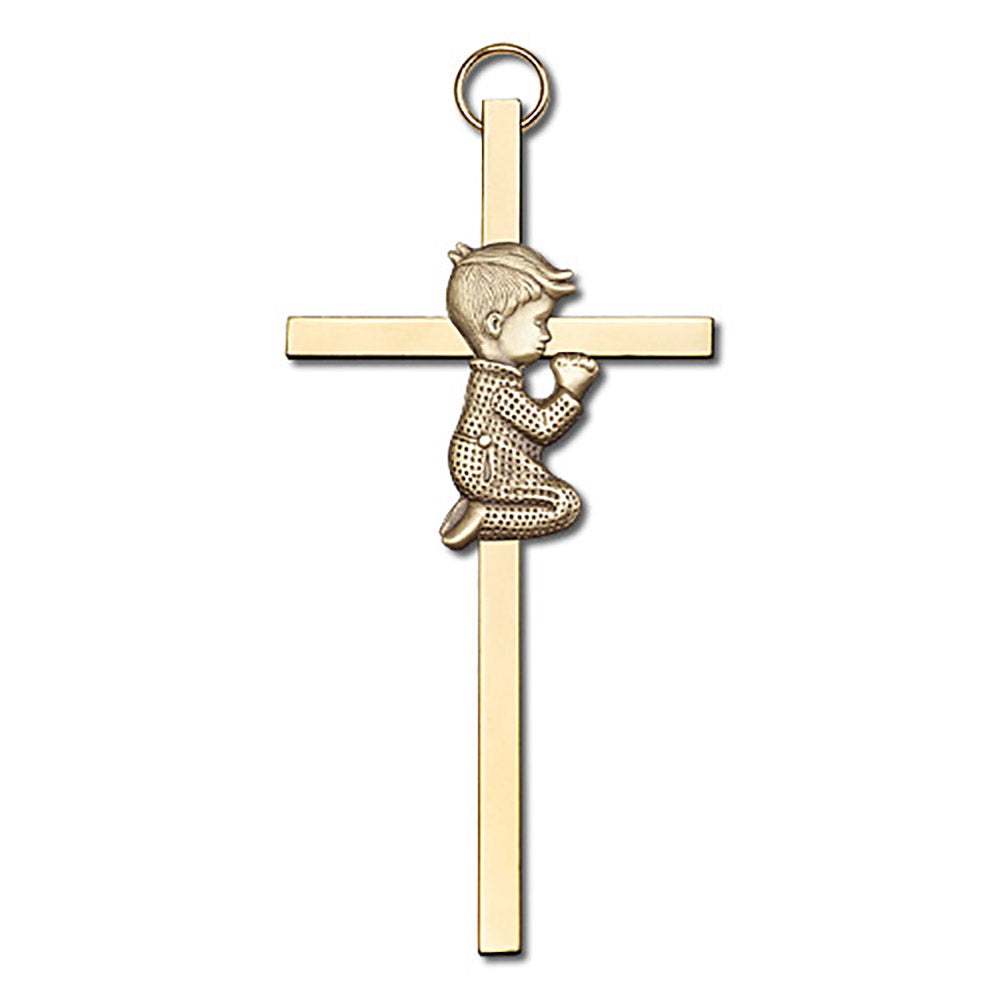 4 inch Antique Gold Praying Boy on a Polished Brass Cross - 4410G/G