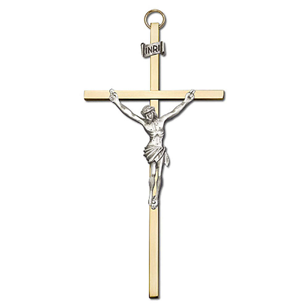 6 inch Antique Silver Crucifix on a Polished Brass Cross - 4580S/G