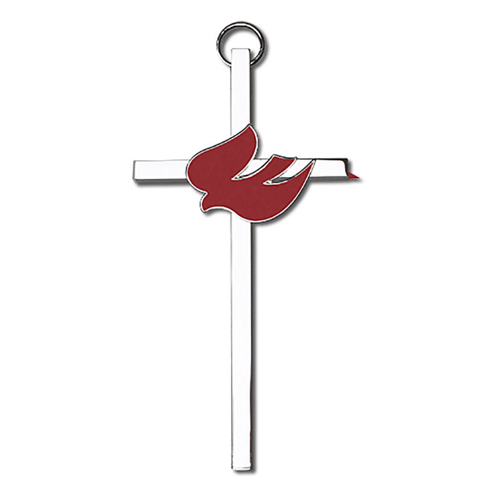4 inch Polished Brass Red Enamel Holy Spirit on a Polished Silver Finish Cross - 4810G/S