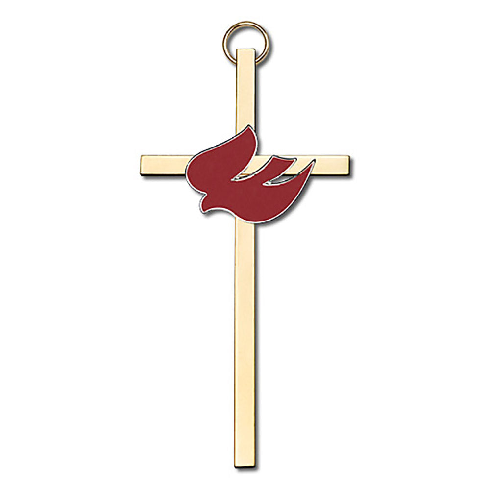4 inch Polished Silver Finish Red Enamel Holy Spirit on a Polished Brass Cross - 4810S/G