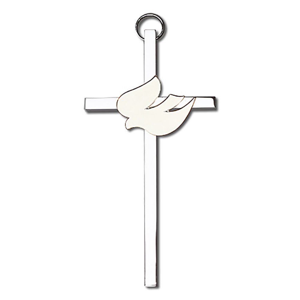 4 inch Polished Brass White Enamel Holy Spirit on a Polished Silver Finish Cross - 4811G/S