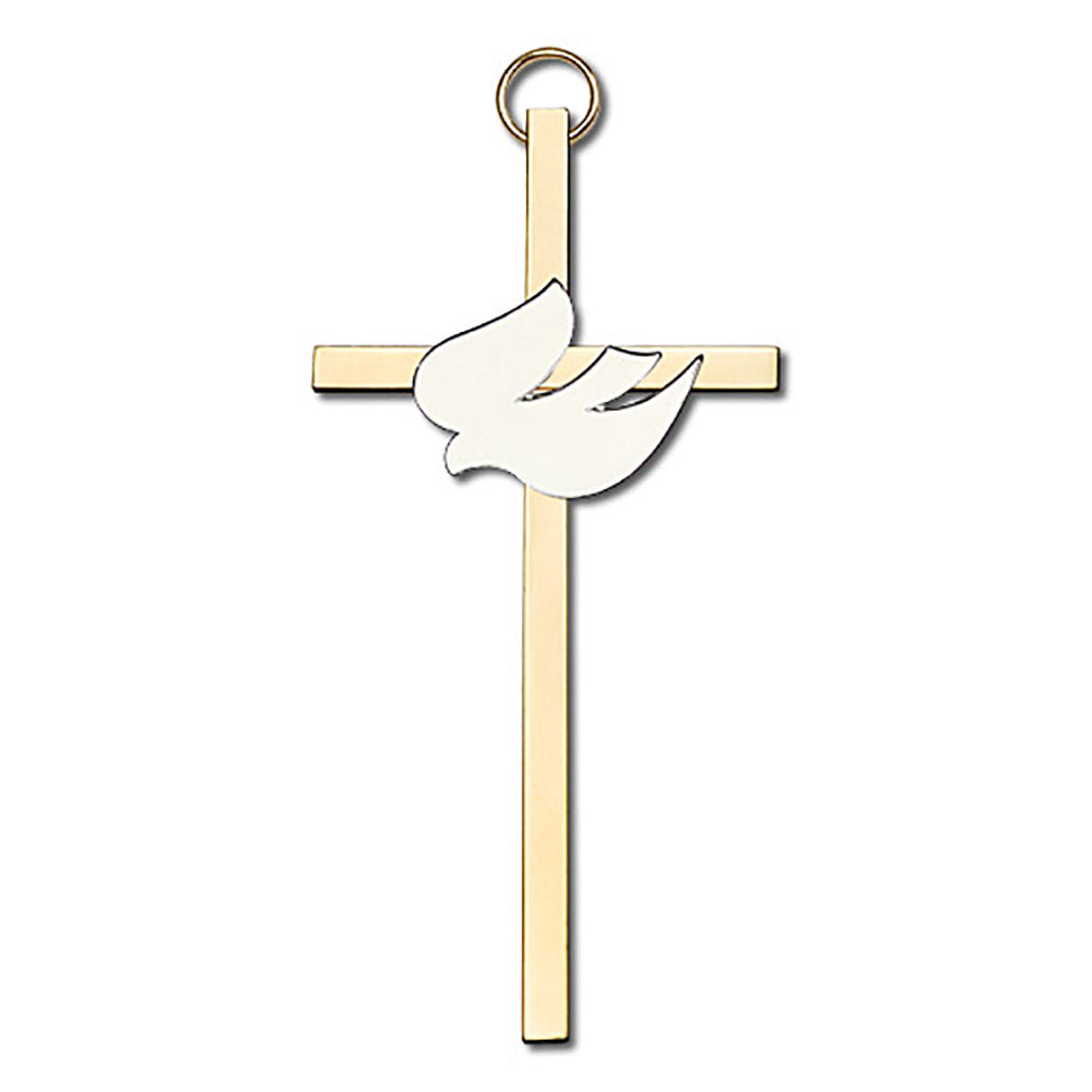 4 inch Polished Brass White Enamel Holy Spirit on a Polished Brass Cross - 4811G/G