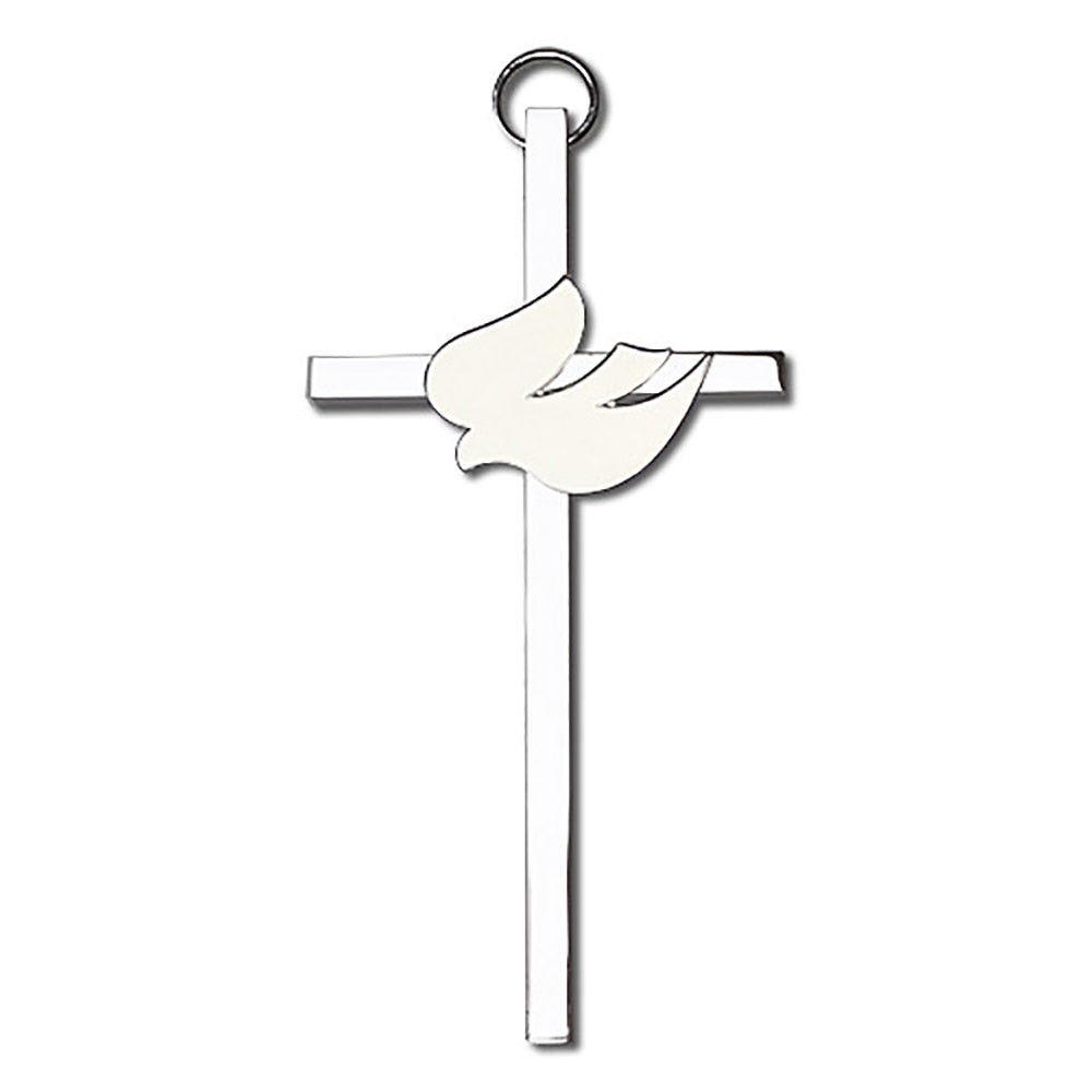4 inch Polished Silver Finish White Enamel Holy Spirit on a Polished Silver Finish Cross - 4811S/S