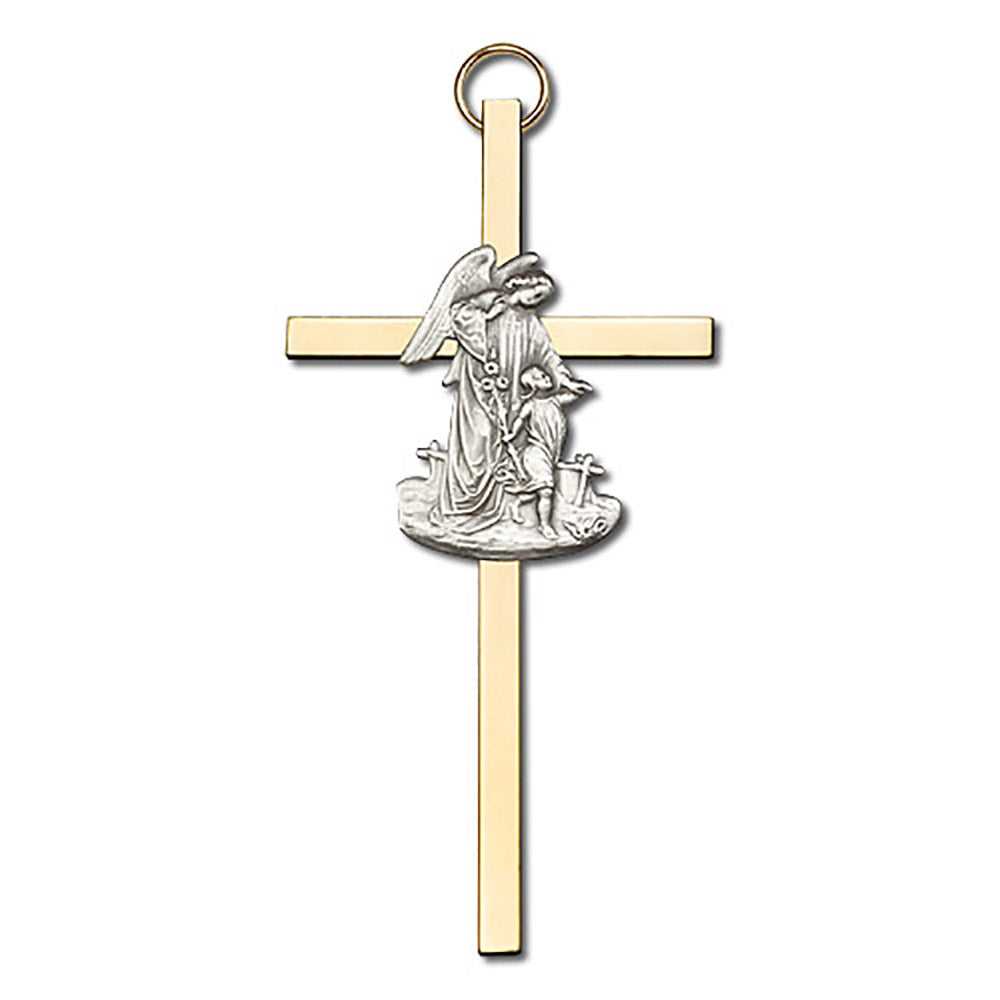 4 inch Antique Gold Guardian Angel on a Polished Brass Cross - 4825G/G