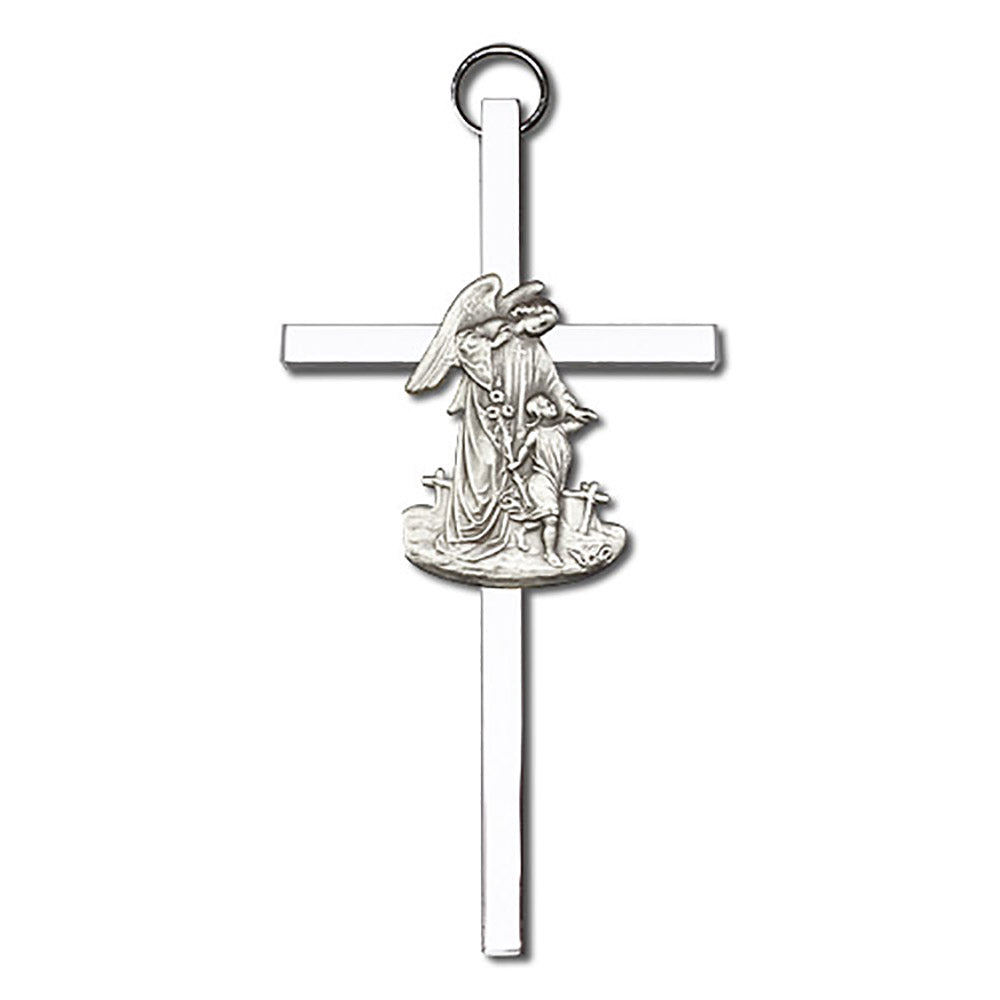4 inch Antique Silver Guardian Angel on a Polished Silver Finish Cross - 4825S/S