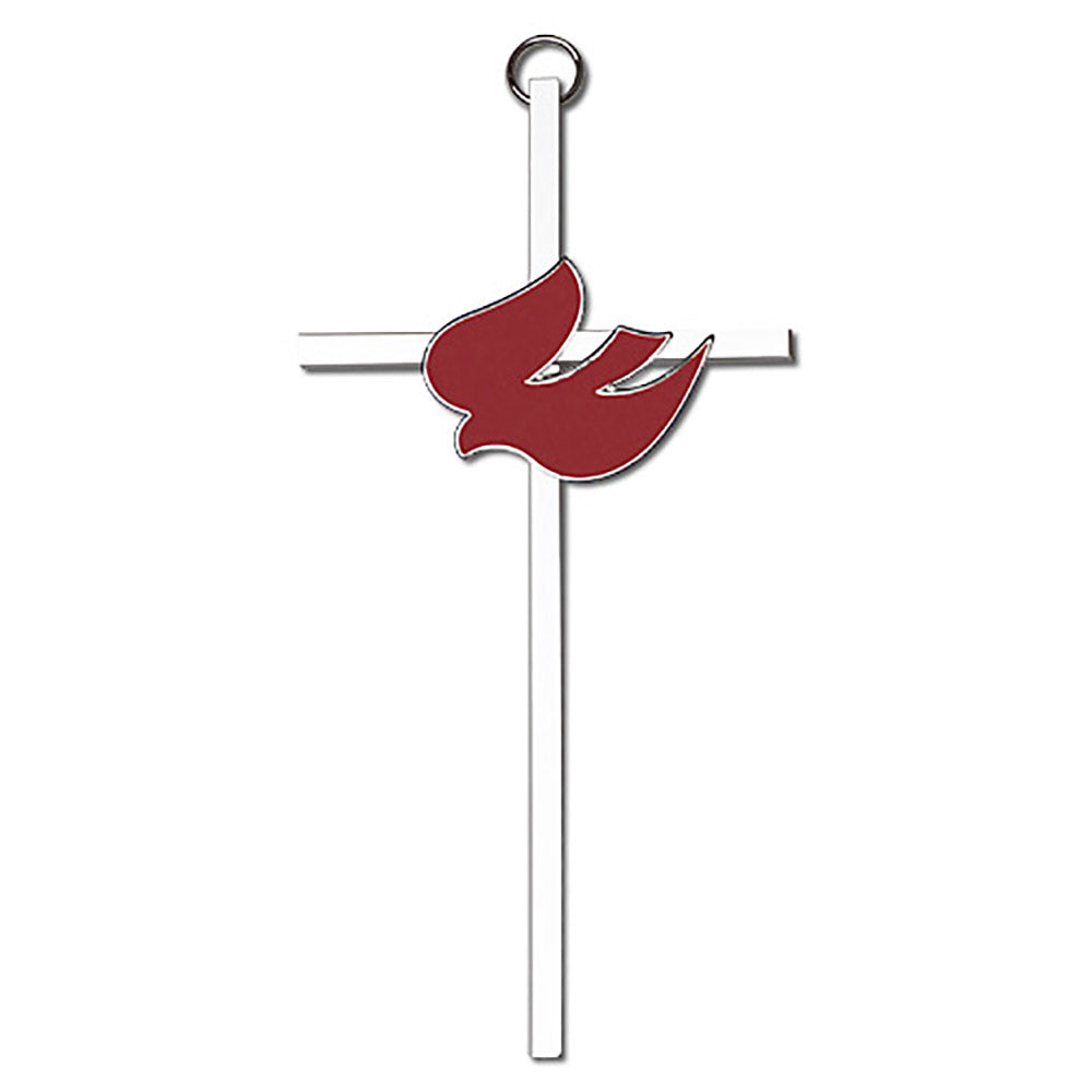 6 inch Polished Brass Red Enamel Holy Spirit on a Polished Silver Finish Cross - 4910G/S
