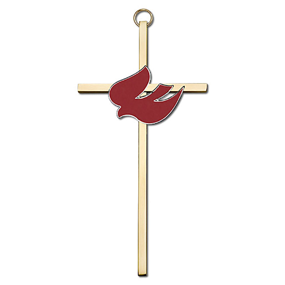 6 inch Polished Silver Finish Red Enamel Holy Spirit on a Polished Brass Cross - 4910S/G