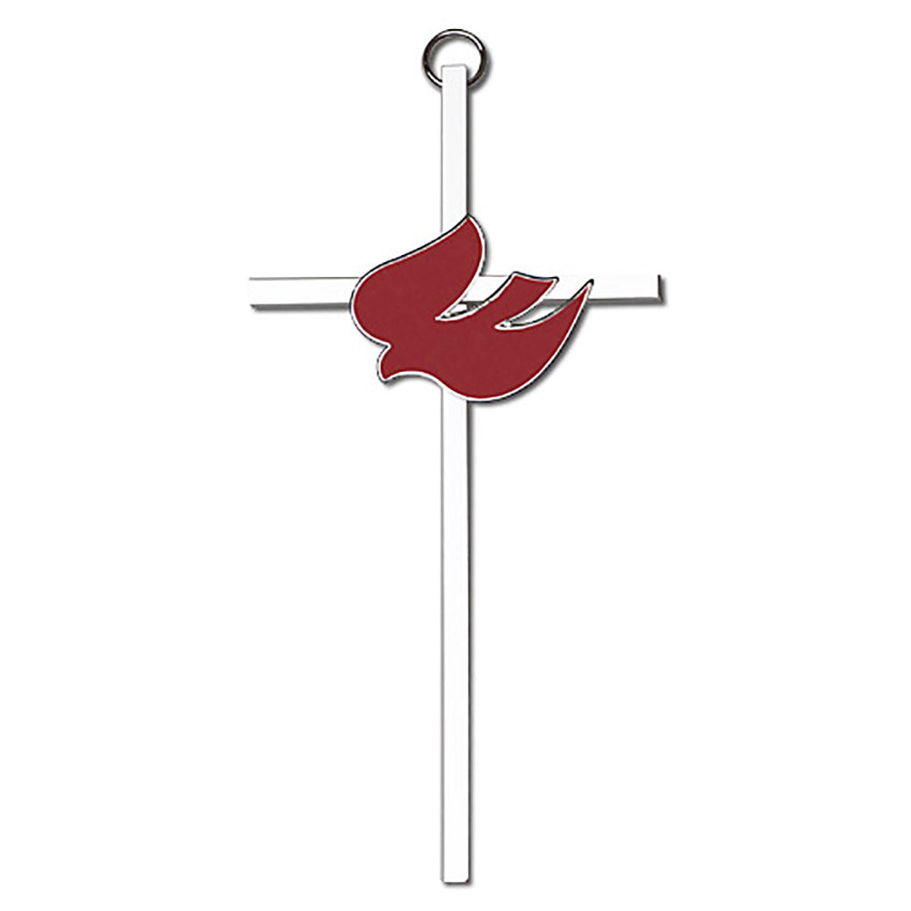 6 inch Polished Silver Finish Red Enamel Holy Spirit on a Polished Silver Finish Cross - 4910S/S