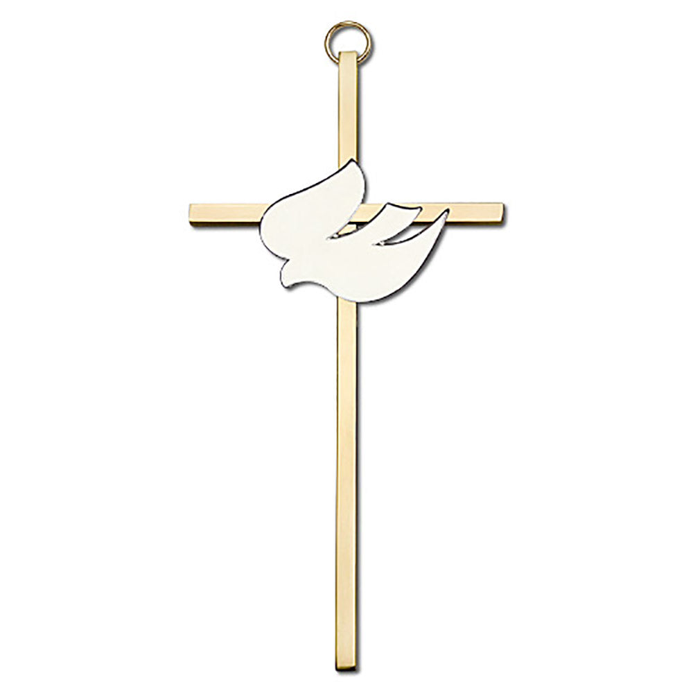 6 inch Polished Brass White Enamel Holy Spirit on a Polished Brass Cross - 4911G/G