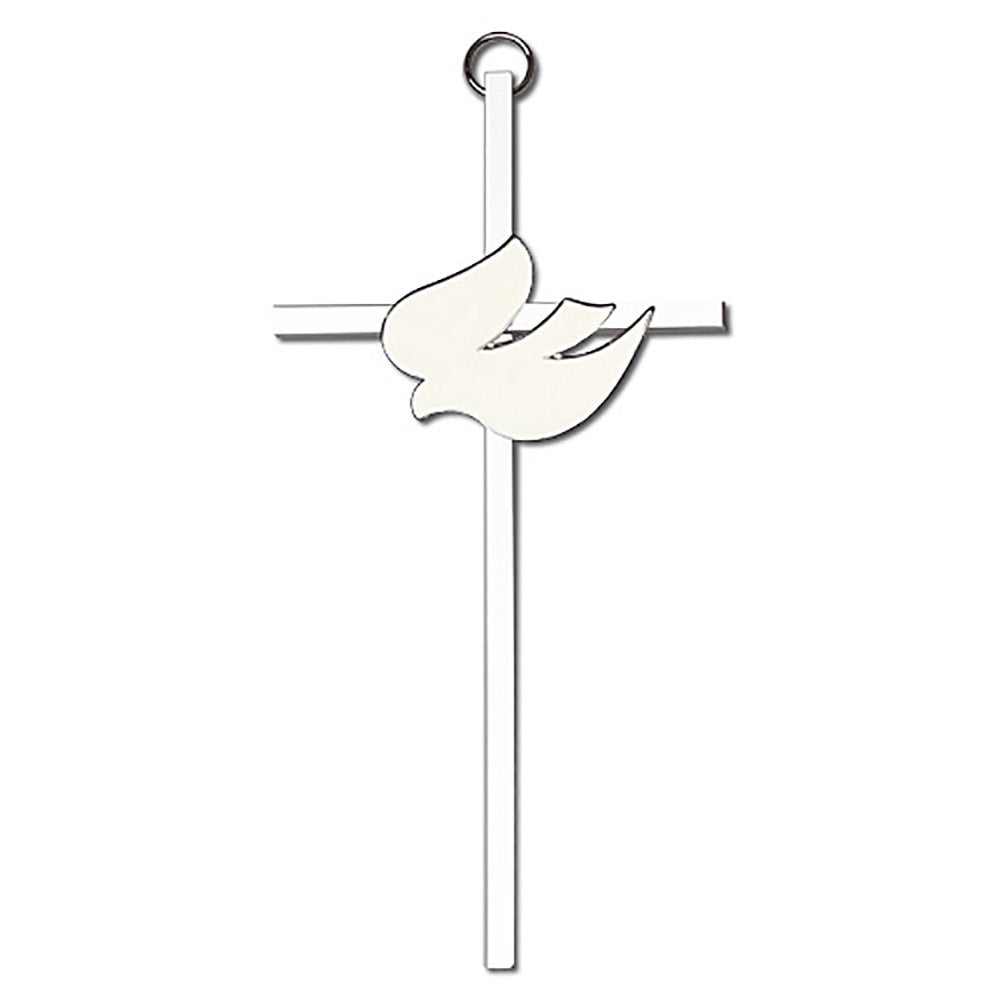 6 inch Polished Silver Finish White Enamel Holy Spirit on a Polished Silver Finish Cross - 4911S/S