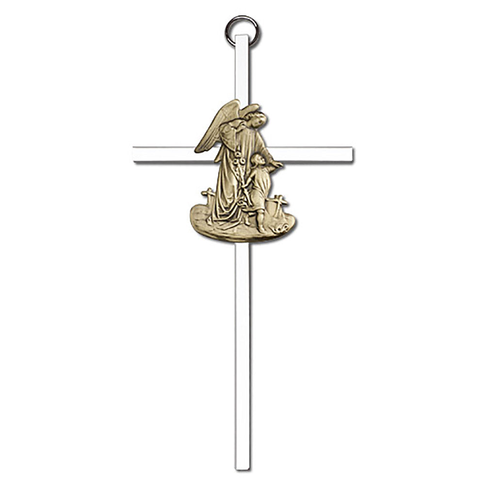 6 inch Antique Gold Guardian Angel on a Polished Silver Finish Cross - 4925G/S