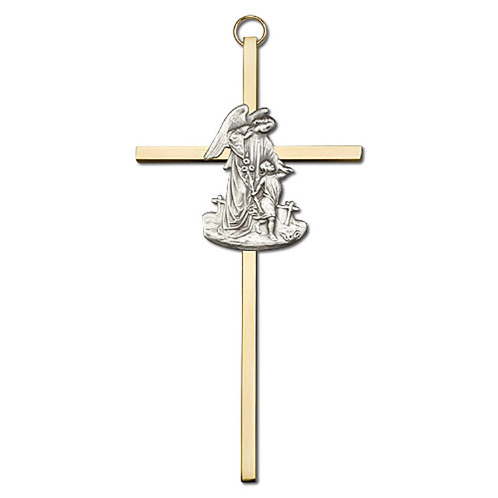 6 inch Antique Gold Guardian Angel on a Polished Brass Cross - 4925G/G