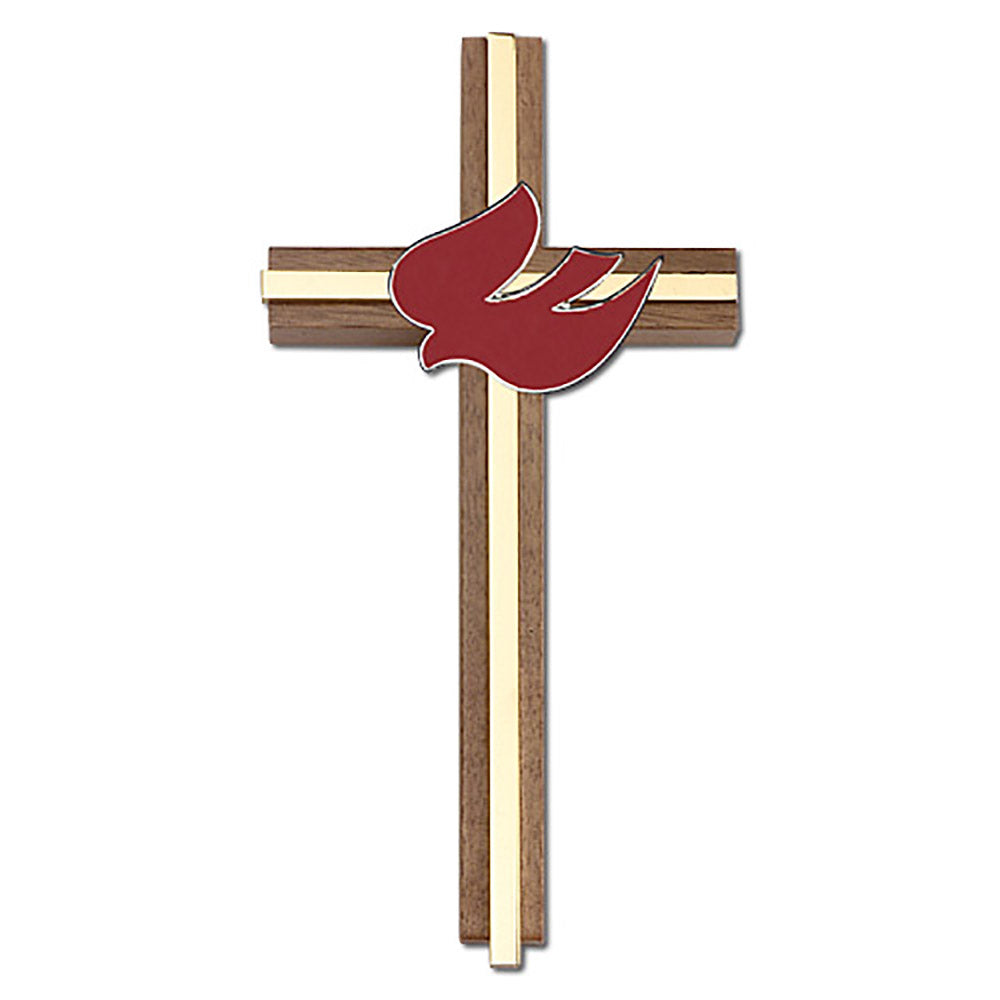 6 inch Red Enameled Holy Spirit Cross, Walnut w/ Polished Brass inlay - 5010G/G