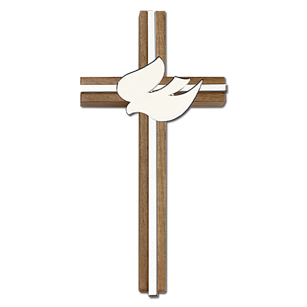 6 inch White Enameled Holy Spirit Cross, Walnut w/ Antique Gold inlay - 5011G/S