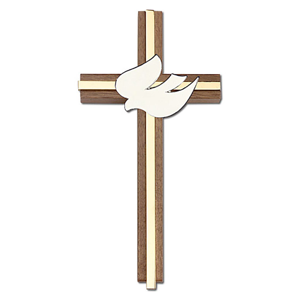 6 inch White Enameled Holy Spirit Cross, Walnut w/ Polished Brass inlay - 5011G/G