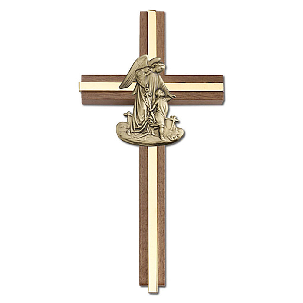 6 inch Guardian Angel Cross, Walnut w/ Antique Gold inlay - 5025G/G