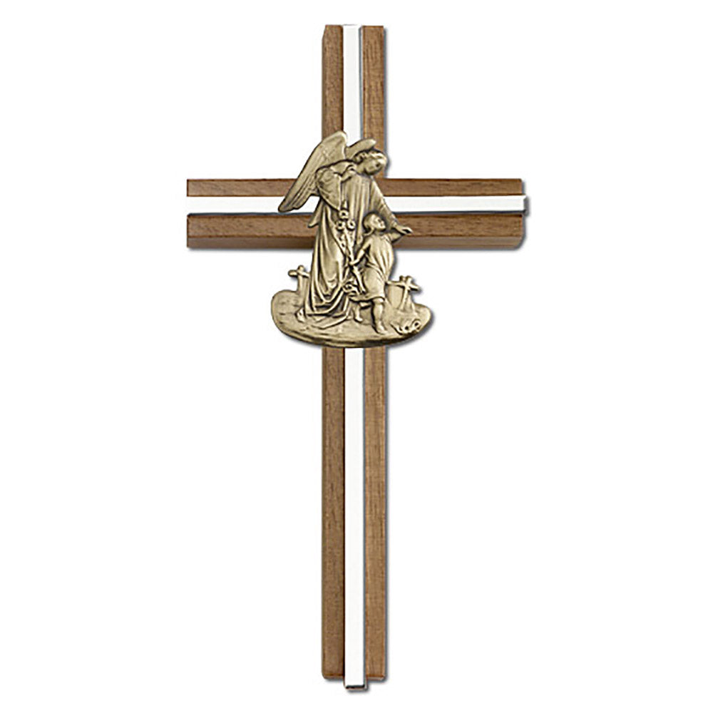 6 inch Guardian Angel Cross, Walnut w/ Antique Gold inlay - 5025G/S