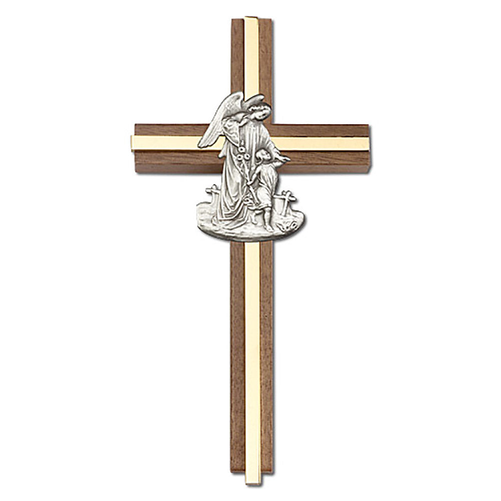 6 inch Guardian Angel Cross, Walnut w/ Antique Silver inlay - 5025S/G