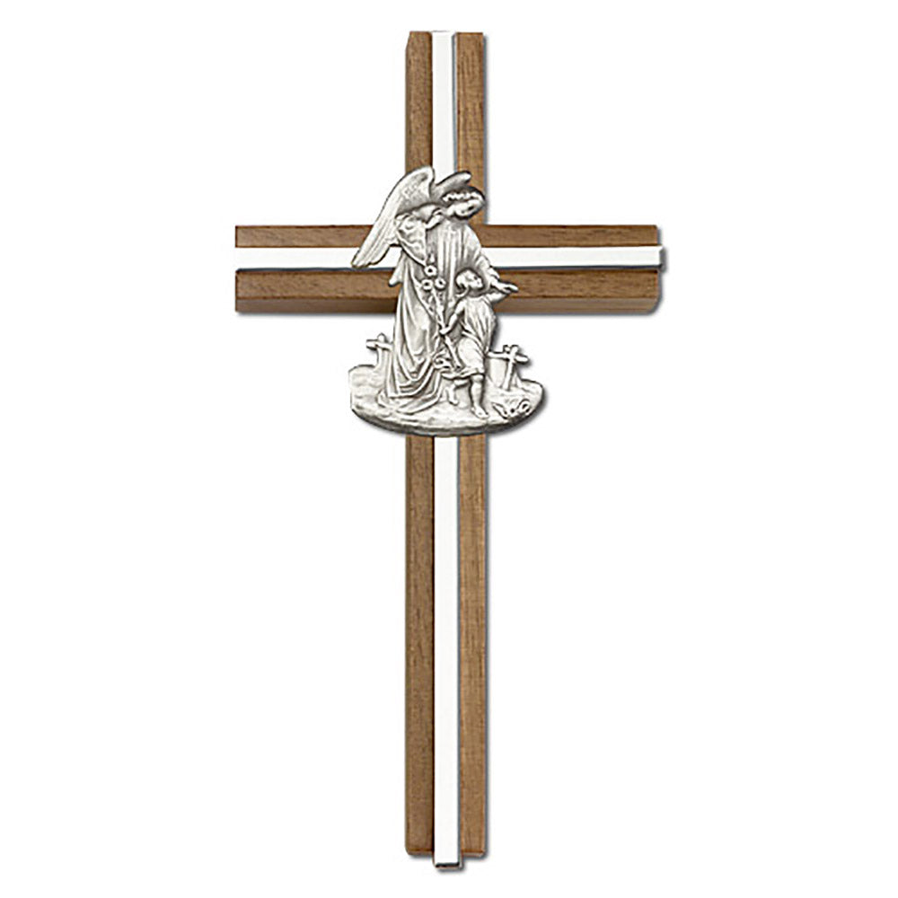 6 inch Guardian Angel Cross, Walnut w/ Antique Silver inlay - 5025S/S
