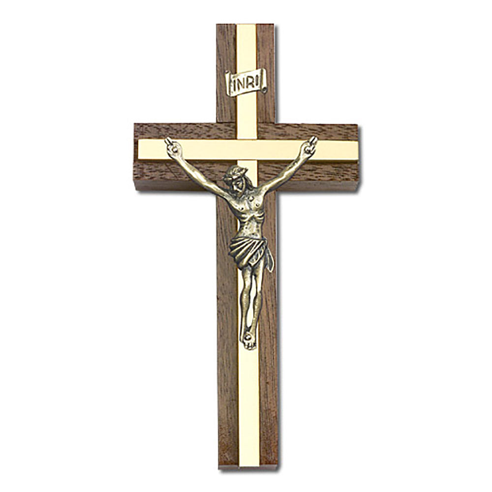 4 inch Antique Gold Crucifix, Walnut w/ Polished Brass inlay - 5089G/G