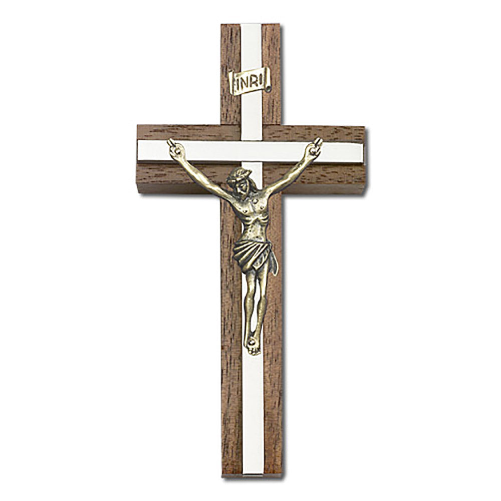 4 inch Antique Gold Crucifix, Walnut w/ Polished Silver Finish inlay - 5089G/S