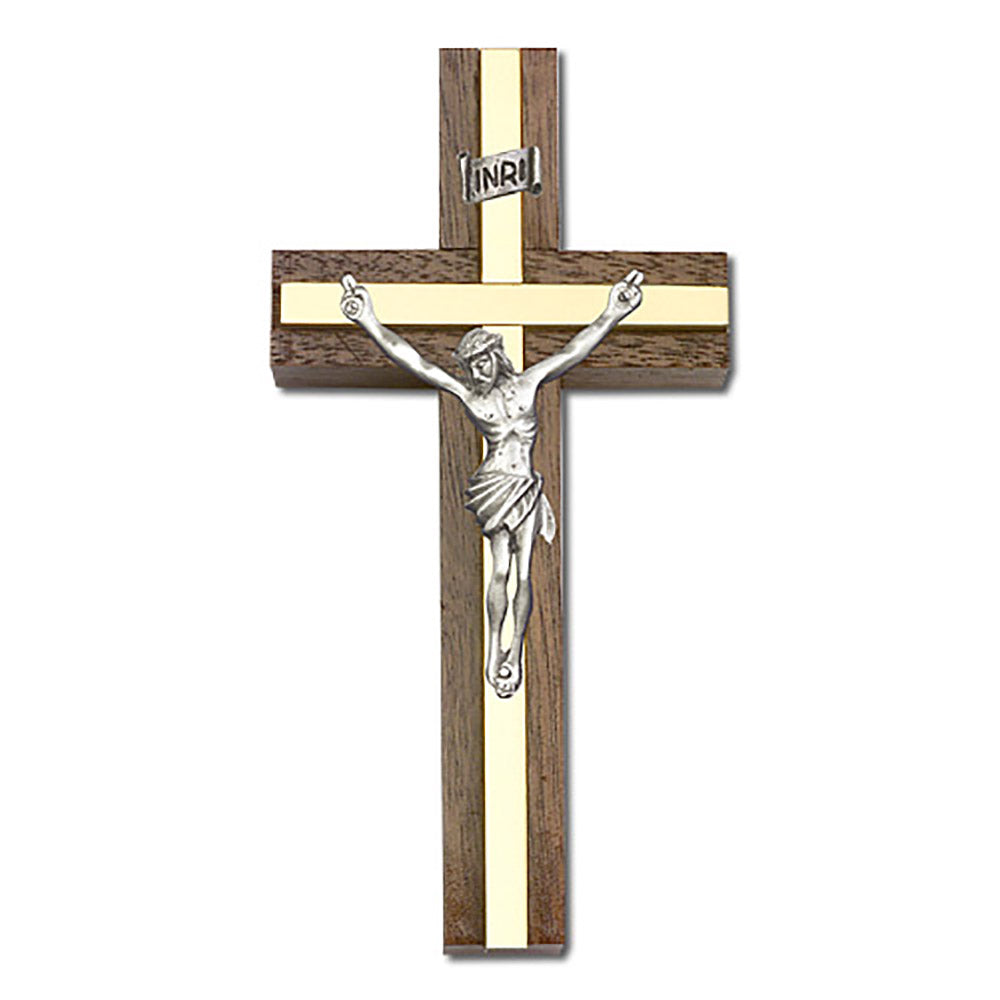4 inch Antique Silver Crucifix, Walnut w/ Polished Brass inlay - 5089S/G