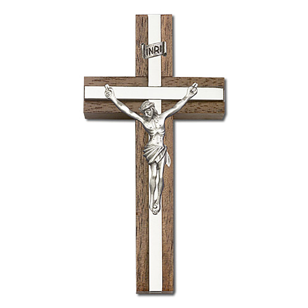 4 inch Antique Silver Crucifix, Walnut w/ Polished Silver Finish inlay - 5089S/S